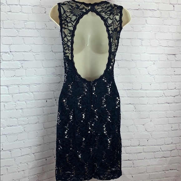 ✨Navy Lace & Silver sequin Open back Dress stretch - Picture 7 of 8
